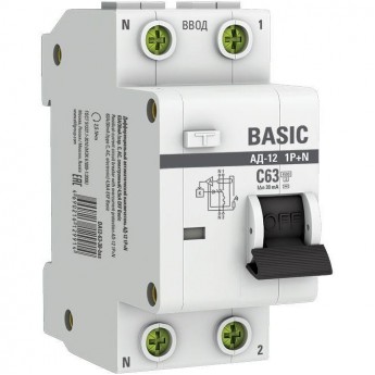 Дифференциальный автомат EKF Basic АД-12, 1P+N, 63А, 30мА, тип АС, характеристика C, электронный, 4,5кА, SQ